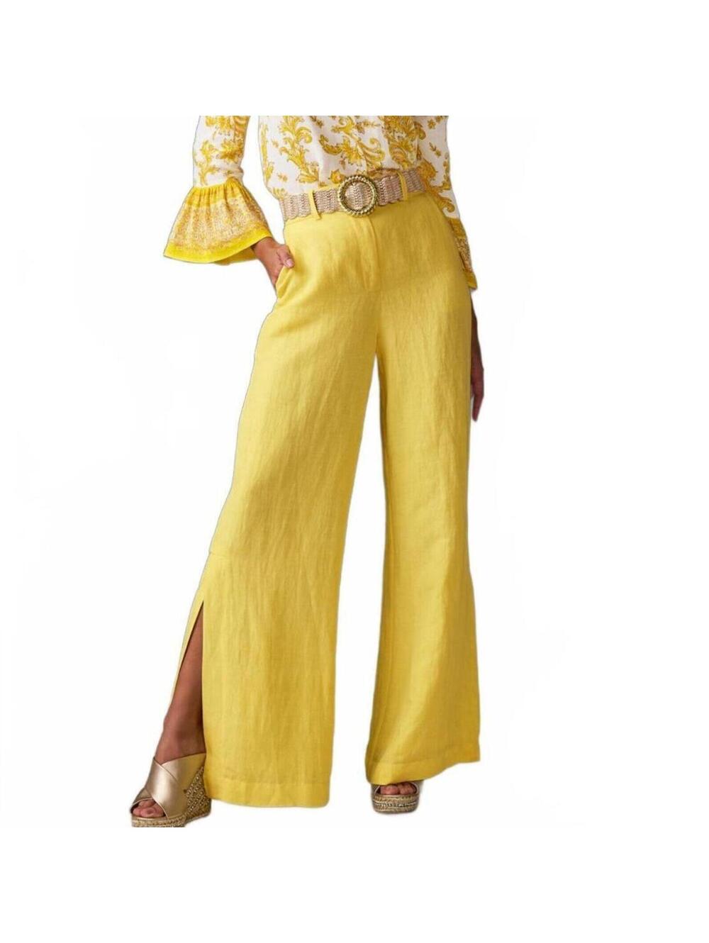 Boston Proper Yellow Linen Wide Leg Summer Pants Side Slit High Rise Sz 6 Lemon